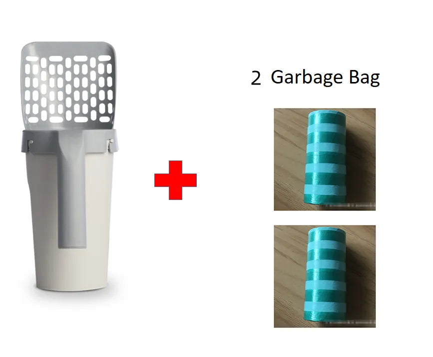 White cylindrical trash bin with a perforated grey lid plus two rolls of blue striped garbage bags on wooden surface