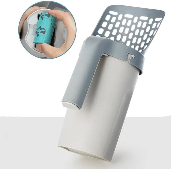 Modern plastic pet poop scooper with removable bag compartment and gray perforated lifting scoop