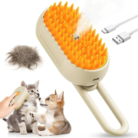 Electric pet grooming brush with silicone bristles, USB charging cable, pet hair pile, kitten and puppy