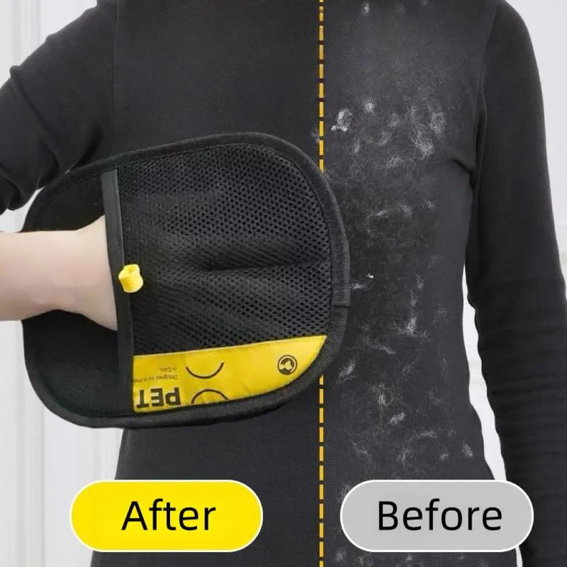 Black pet hair remover glove cleaning lint off black sweater, before and after comparison