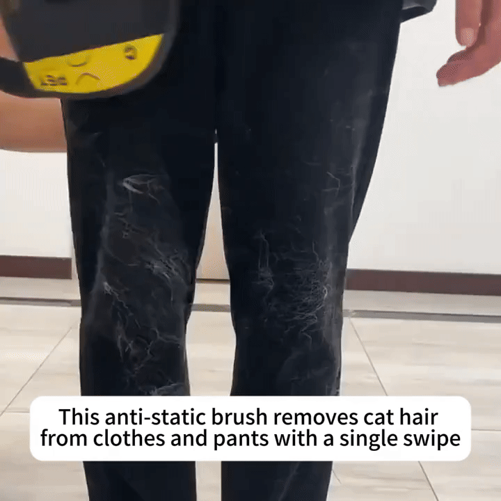 anti-static brush removing cat hair from black pants with one swipe on tiled floor
