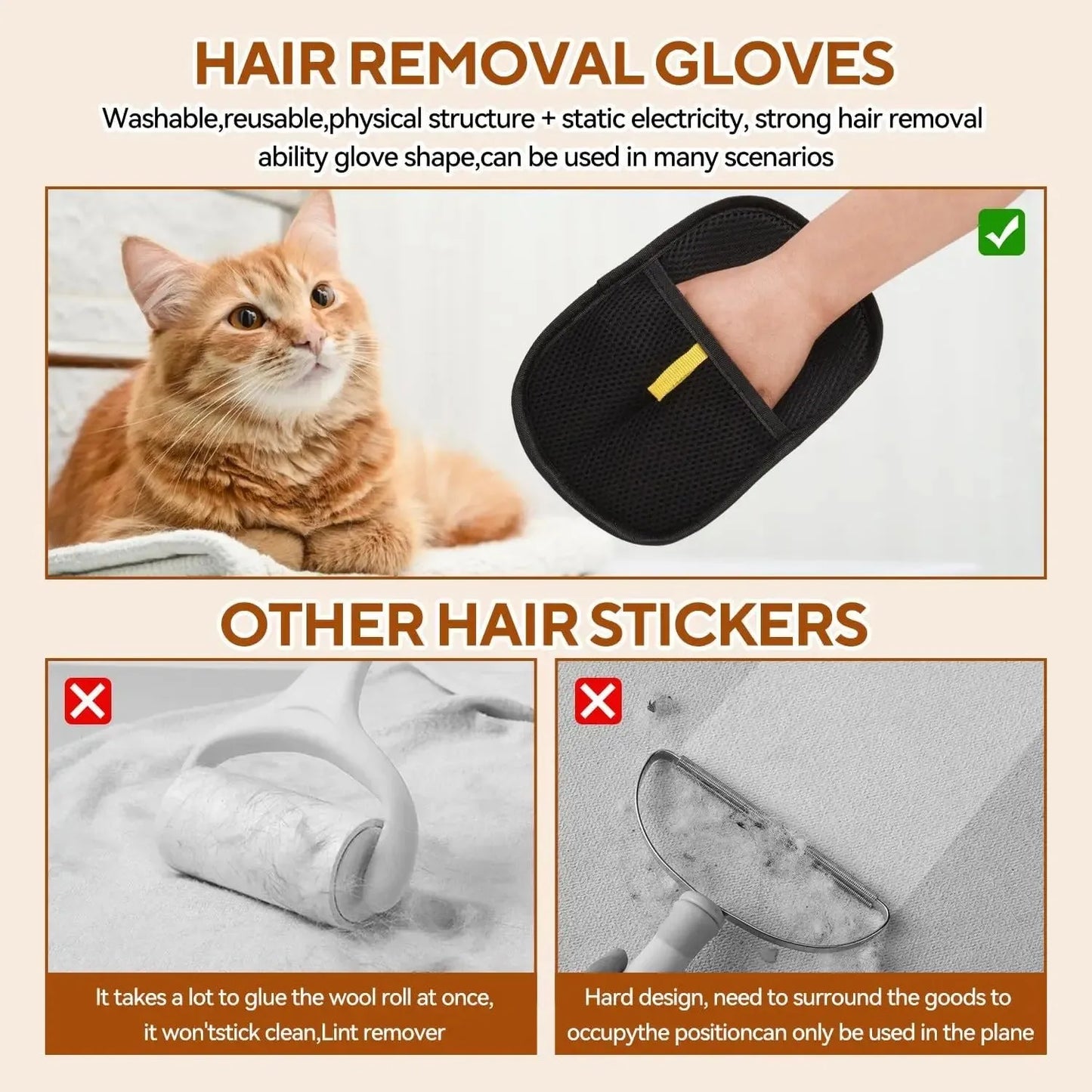 Black hair removal glove for pet grooming shown next to an orange tabby cat on a soft surface