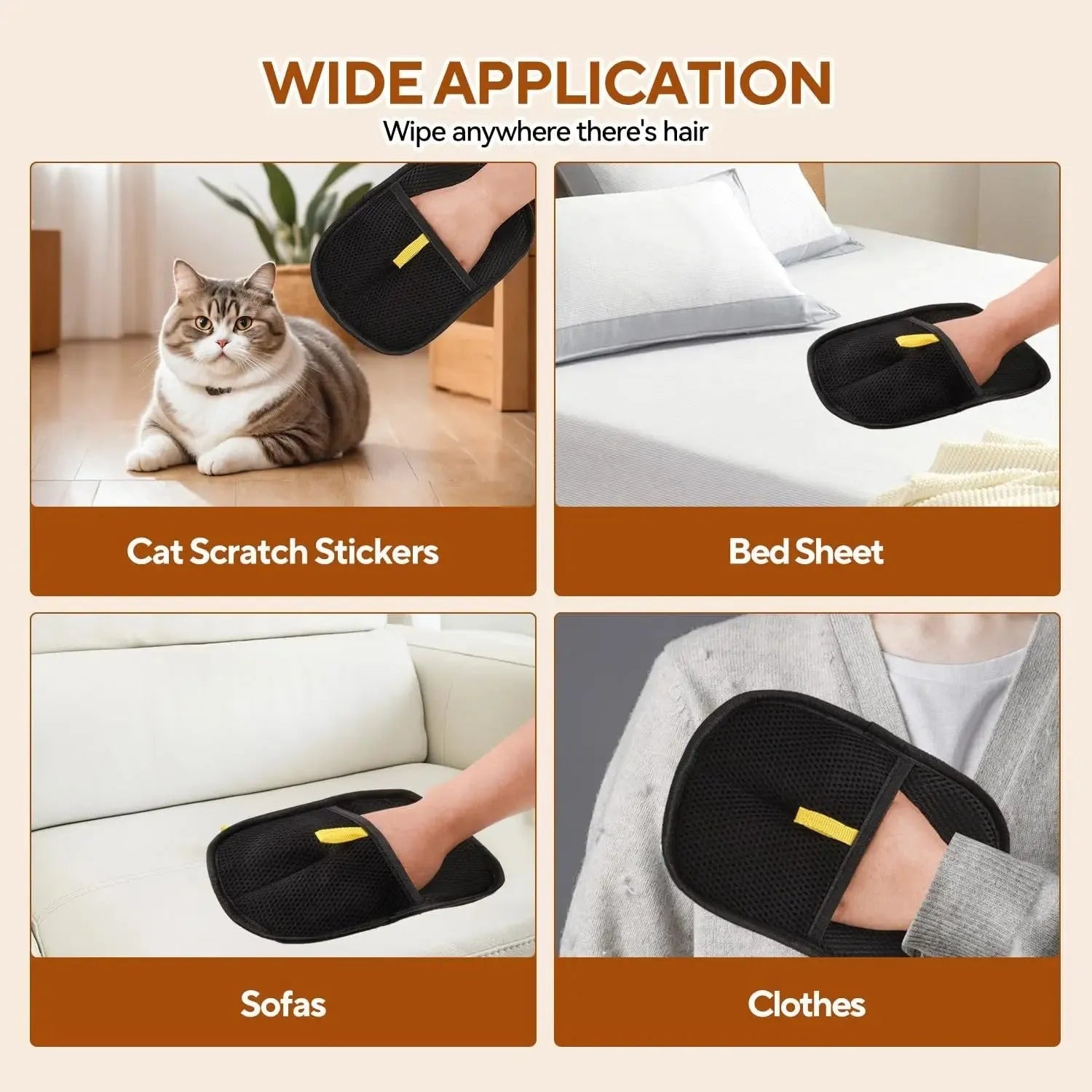 Black pet hair remover mitt wiping cat hair from bed sheet, sofa, clothes, and near a cat